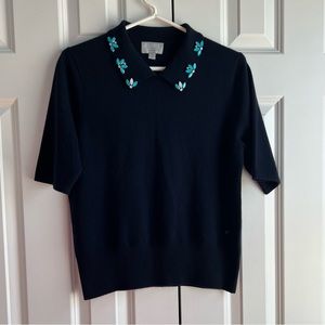 PURE short sleeve collared cashmere sweater with rhinestone embellishments